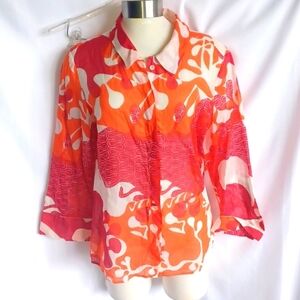 Strenesse Semi Sheer Pink & Orange Abstract Button-down, Sz 6, 21" PTP, 25"L